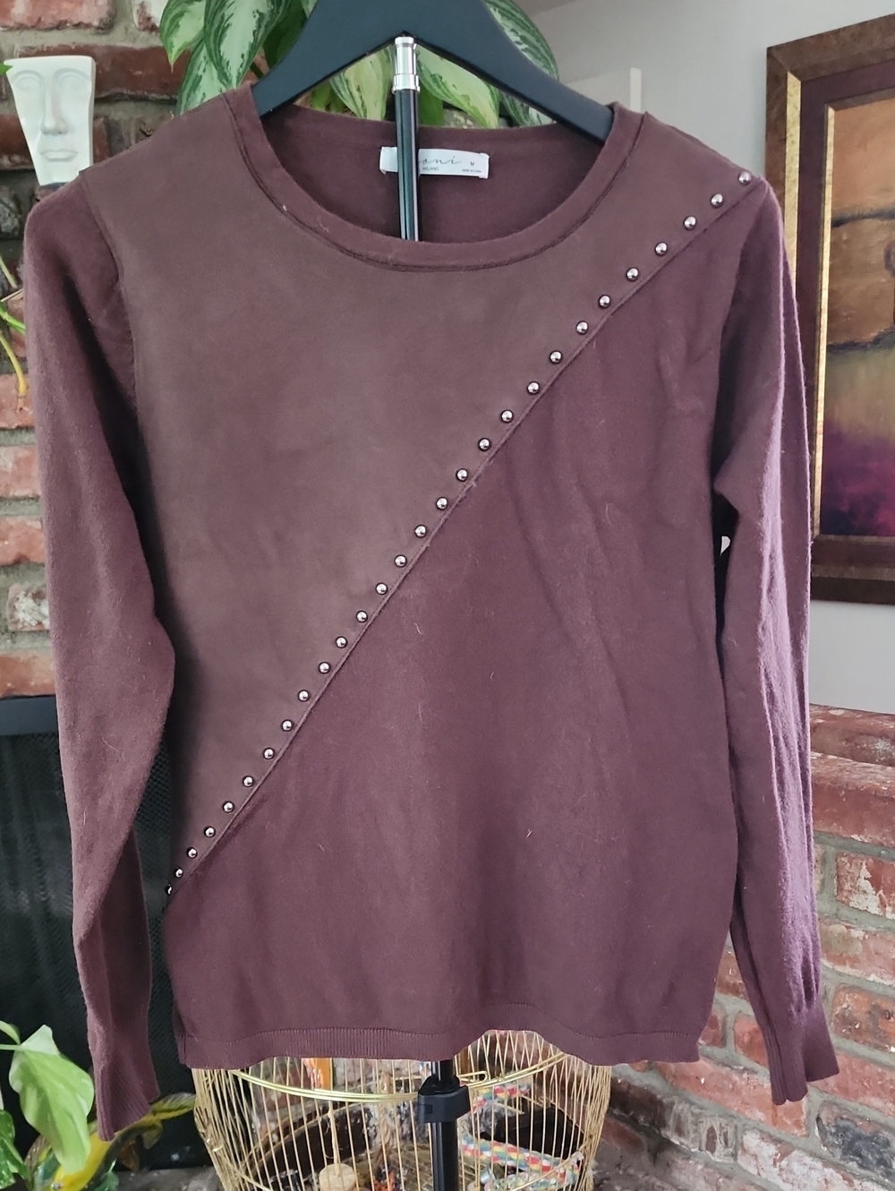 Sioni Brown Crewneck Sweater with Diagonal Stud Trim